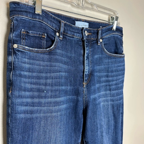 LOFT The Kick Crop High Waist Flare Deconstructed Hem 10 Dark Wash Distressed - Picture 3 of 15